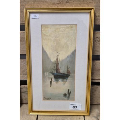 304 - J Turner 
Original watercolour depicting sailing boat on still waters. Together with a pair of Chine... 