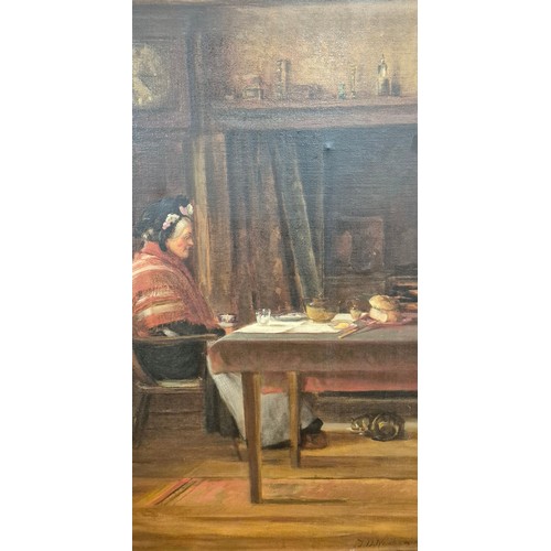 307 - J.D. Newham 
Original oil painting on canvas depicting seated old women having a cuppa. Signed and d... 