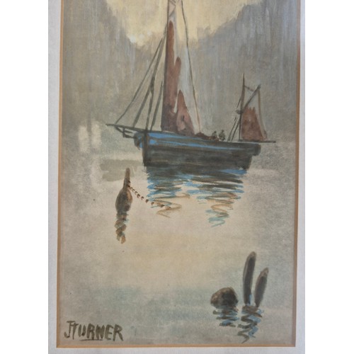 304 - J Turner 
Original watercolour depicting sailing boat on still waters. Together with a pair of Chine... 