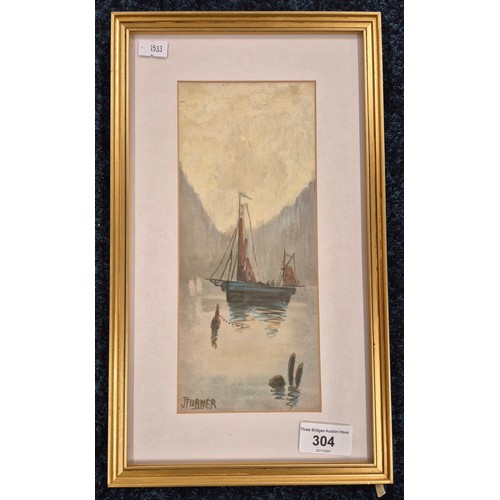 304 - J Turner 
Original watercolour depicting sailing boat on still waters. Together with a pair of Chine... 