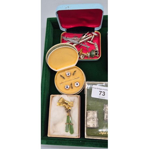 73 - A Collection of jewellery: Rolled gold and jade brooch, Four seasons salt and peppers set, Chester s... 