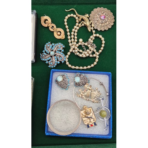 73 - A Collection of jewellery: Rolled gold and jade brooch, Four seasons salt and peppers set, Chester s... 