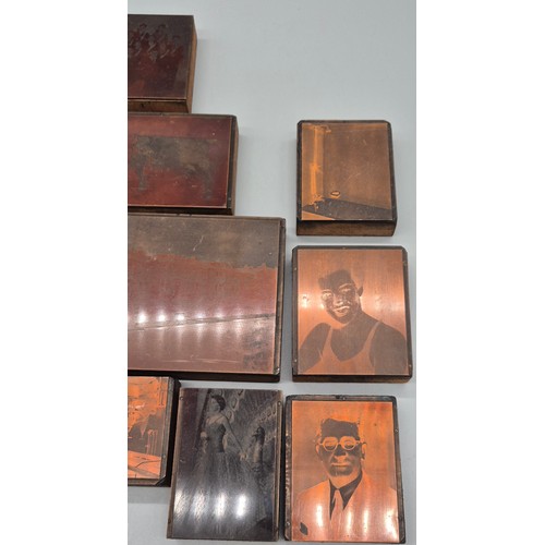 91 - A Collection of antique printing blocks; Commercial fishing advertising, Queen seated with family, m... 