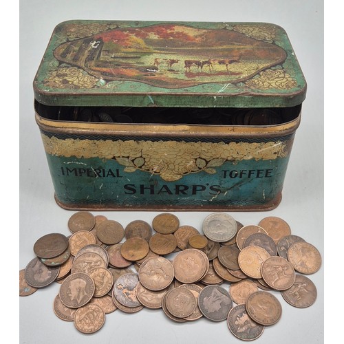 92 - Vintage Sharp's Imperial Toffee tin containing a large collection of British coinage. One Pennies, C... 