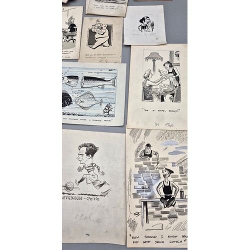 80 - A Large collection of Bill Tait original newspaper pen sketches- War time comic stripes and Football... 