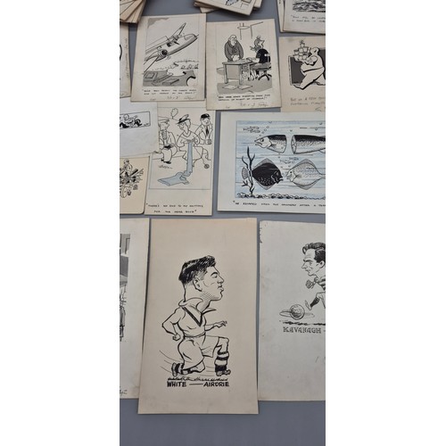 80 - A Large collection of Bill Tait original newspaper pen sketches- War time comic stripes and Football... 