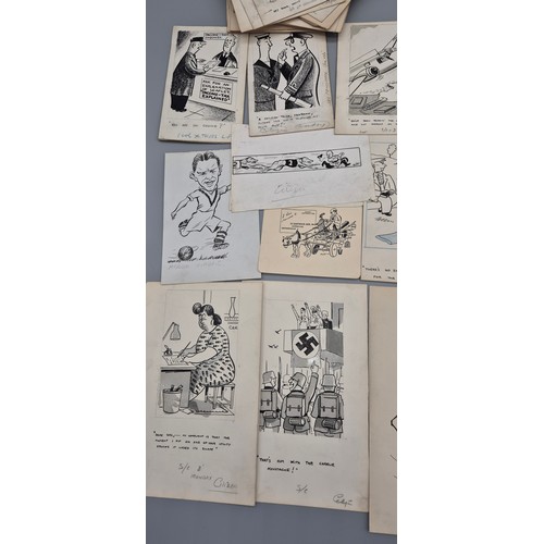 80 - A Large collection of Bill Tait original newspaper pen sketches- War time comic stripes and Football... 