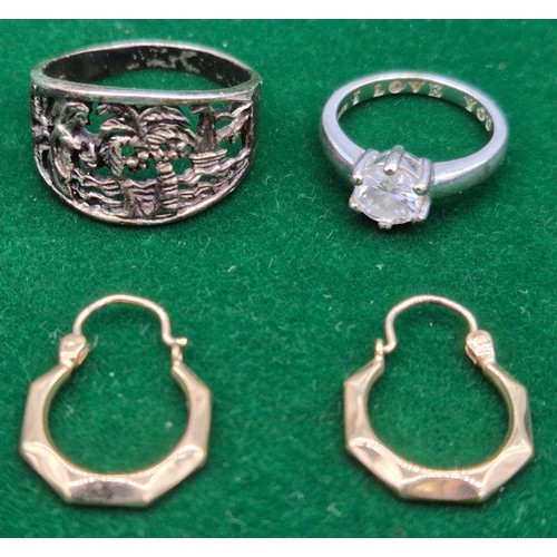 33 - Three items of jewellery; 9ct white gold and CZ Stone ring, a pair of 9ct yellow gold earrings and 9... 