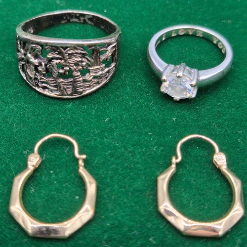 33 - Three items of jewellery; 9ct white gold and CZ Stone ring, a pair of 9ct yellow gold earrings and 9... 