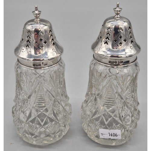 61 - A Pair of boxed Sheffield silver and cut crystal sugar sifters. Produced by Walker and Hall. Dated 1... 