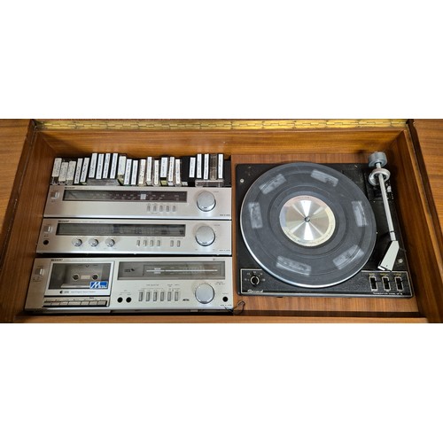 493 - Mid century teak turntable cabinet  with fitted Sharps hifi separates models ST-31 stereo turner, SM... 