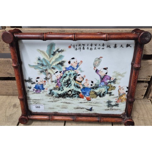 380 - Chinese porcelain and wood serving tray. [6x35.5x28cm]