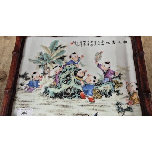 380 - Chinese porcelain and wood serving tray. [6x35.5x28cm]