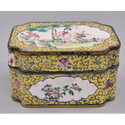 49 - Early 20th century Chinese enamel painted lidded preserve box. Yellow ground. Panel painting depicti... 