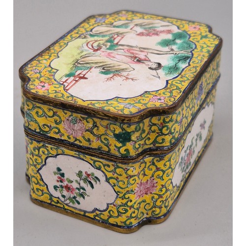 49 - Early 20th century Chinese enamel painted lidded preserve box. Yellow ground. Panel painting depicti... 