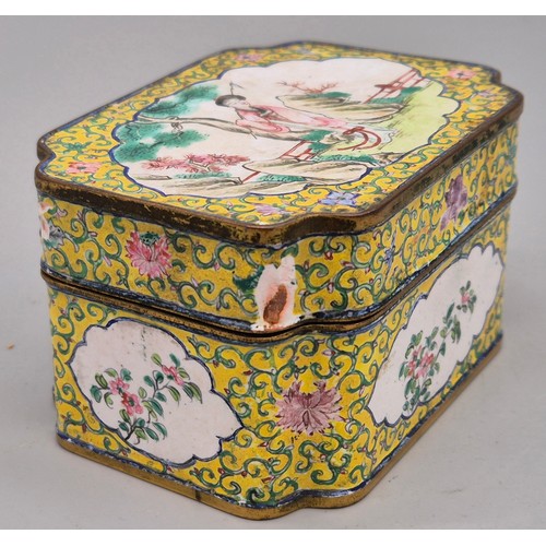 49 - Early 20th century Chinese enamel painted lidded preserve box. Yellow ground. Panel painting depicti... 