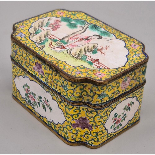 49 - Early 20th century Chinese enamel painted lidded preserve box. Yellow ground. Panel painting depicti... 