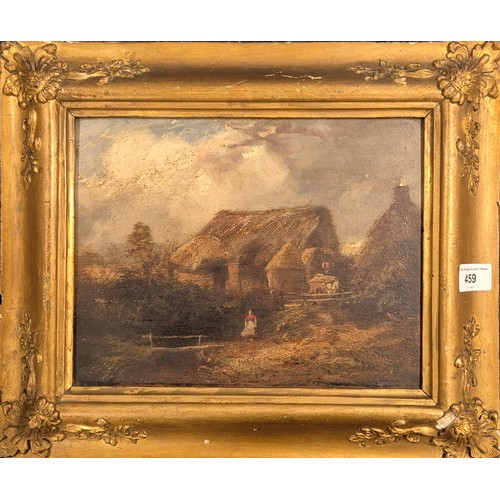 459 - 19th century oil painting on board depicting thatched cottages. Fitted within a moulded gilt frame. ... 