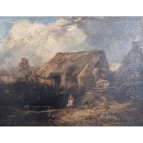 459 - 19th century oil painting on board depicting thatched cottages. Fitted within a moulded gilt frame. ... 