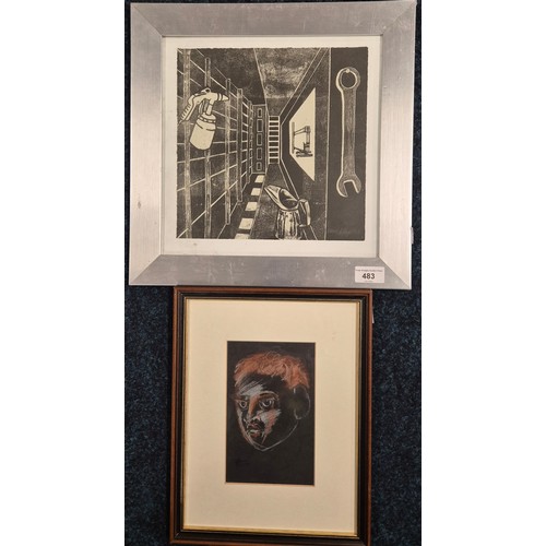 483 - Lithograph block print depicting tools. Signed by the artist. dated 2007. Together with a pastel por... 