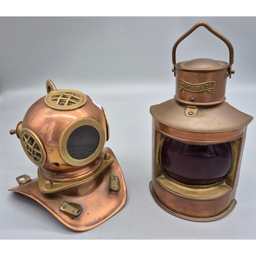 432 - Copper and brass miniature diving helmet. Together with A Copper Ships Port lantern. [Lantern 21cm h... 