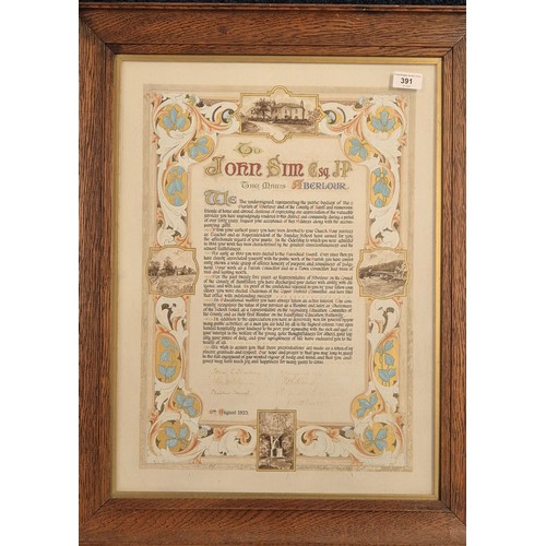 391 - Framed Declaration belonging to John Sim Esq. J.P. The Mains Aberlour. All hand painted and written ... 