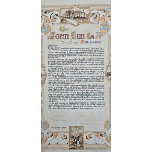 391 - Framed Declaration belonging to John Sim Esq. J.P. The Mains Aberlour. All hand painted and written ... 