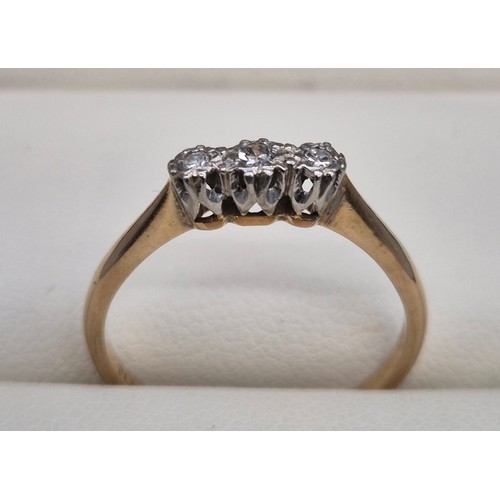 11 - Antique Platinum & 9ct yellow Gold three stone Diamond Ring. [Ring size O] [1.84Grams]