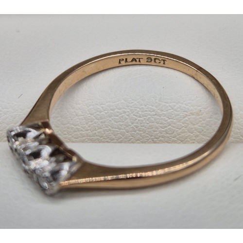 11 - Antique Platinum & 9ct yellow Gold three stone Diamond Ring. [Ring size O] [1.84Grams]