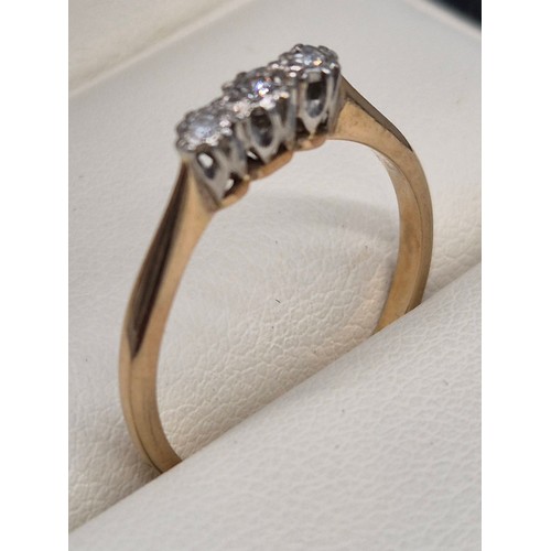 11 - Antique Platinum & 9ct yellow Gold three stone Diamond Ring. [Ring size O] [1.84Grams]