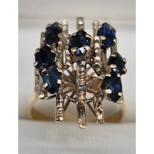 35 - 18ct yellow gold and Sapphire stone modernist ring. [Ring size P] [4.86Grams]