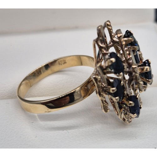 35 - 18ct yellow gold and Sapphire stone modernist ring. [Ring size P] [4.86Grams]