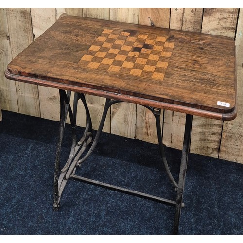 383 - 19th century rosewood chess table raised on a  Bradbury cast iron base [76x84x55cm]