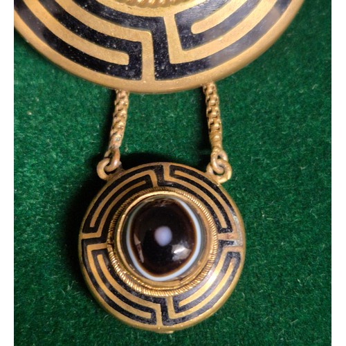 36 - Victorian Banded Agate & Black Enamel Greek Key Pattern Brooch.