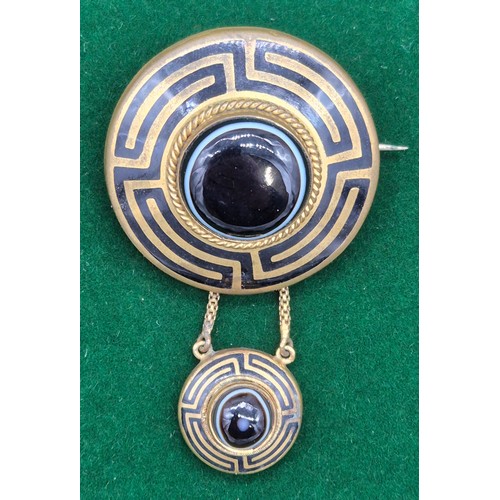 36 - Victorian Banded Agate & Black Enamel Greek Key Pattern Brooch.