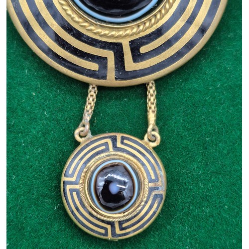 36 - Victorian Banded Agate & Black Enamel Greek Key Pattern Brooch.