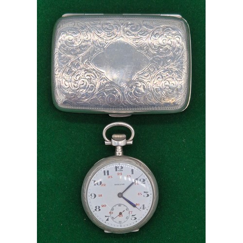 5 - Birmingham silver cigarette case & Foreign Silver Dollar Deux Grand Prix pocket watch. Engraved casi... 