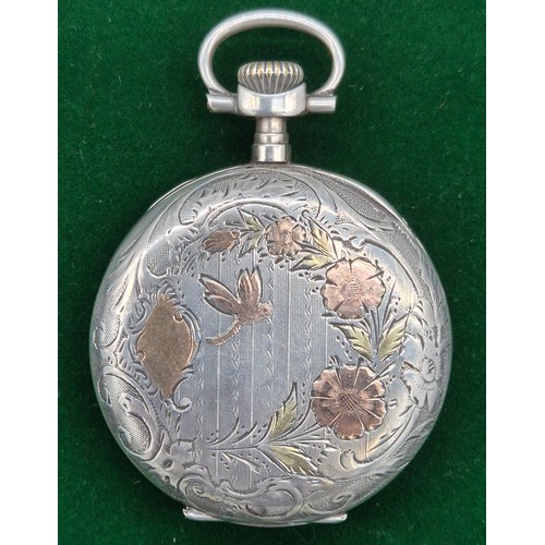 5 - Birmingham silver cigarette case & Foreign Silver Dollar Deux Grand Prix pocket watch. Engraved casi... 