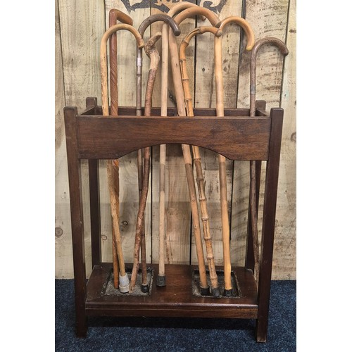 475 - 1920/30s mahogany stick stand with a collection of vintage walking sticks; Silver collars walking st... 