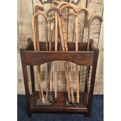 475 - 1920/30s mahogany stick stand with a collection of vintage walking sticks; Silver collars walking st... 