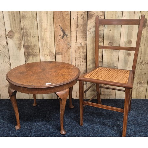 418 - 1930/40s circular Walnut table together with edwardian inlaid chair with Rattan