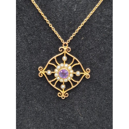 10 - Edwardian 9ct yellow gold Amethyst and seed pearl pendant with a 9ct yellow gold integral barrel cla... 