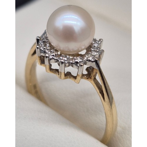 43 - 9ct yellow gold, single pearl and diamond cluster ring. [Ring size M] [2.68Grams]