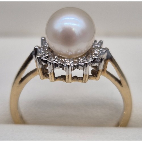 43 - 9ct yellow gold, single pearl and diamond cluster ring. [Ring size M] [2.68Grams]