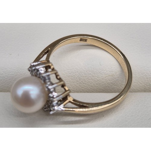 43 - 9ct yellow gold, single pearl and diamond cluster ring. [Ring size M] [2.68Grams]