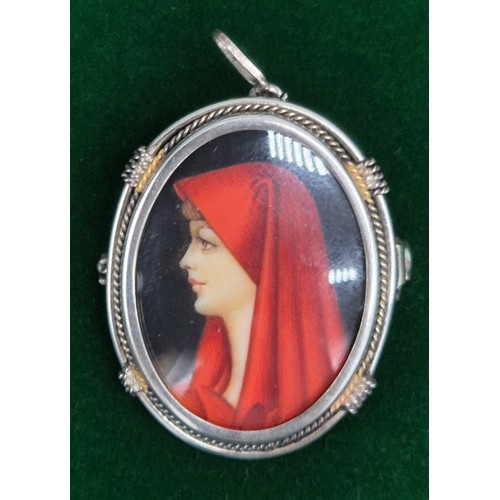 44 - 800 grade Silver Pendant Brooch with signed Portrait of Saint Fabiola.