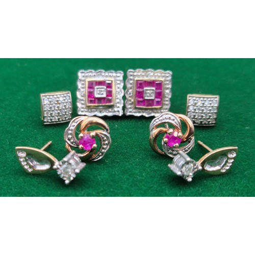 7 - Collection of four pairs of 9ct gold earrings with Ruby & Diamonds gem stones [4.16grams]