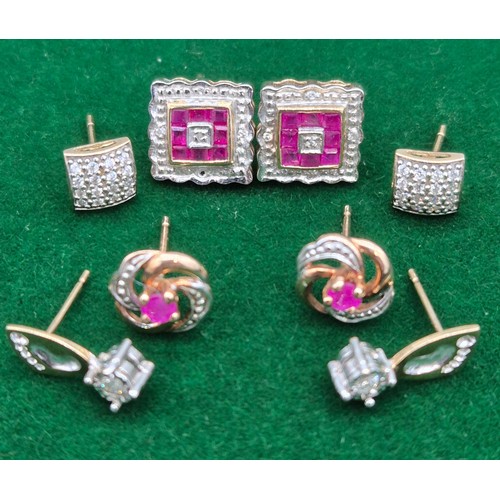 7 - Collection of four pairs of 9ct gold earrings with Ruby & Diamonds gem stones [4.16grams]