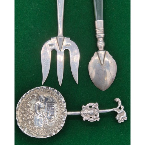 3 - Birmingham silver jade handled fork & spoon. Together with Chester silver ornate spoon.