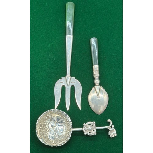 3 - Birmingham silver jade handled fork & spoon. Together with Chester silver ornate spoon.